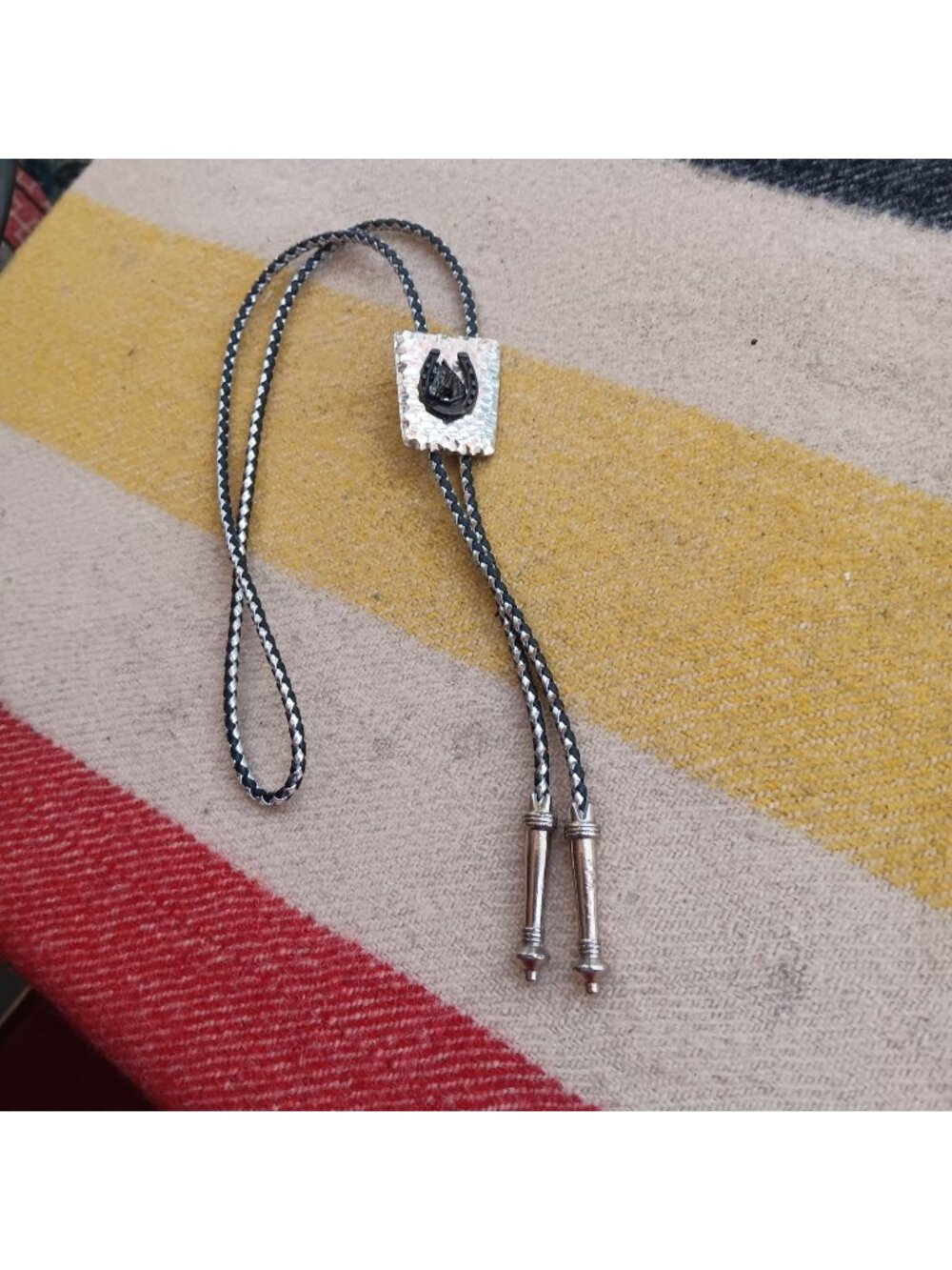 Vintage 36" 1960's Cowboy Western Silver & Black Horsehead Bolo Tie Braided Cord